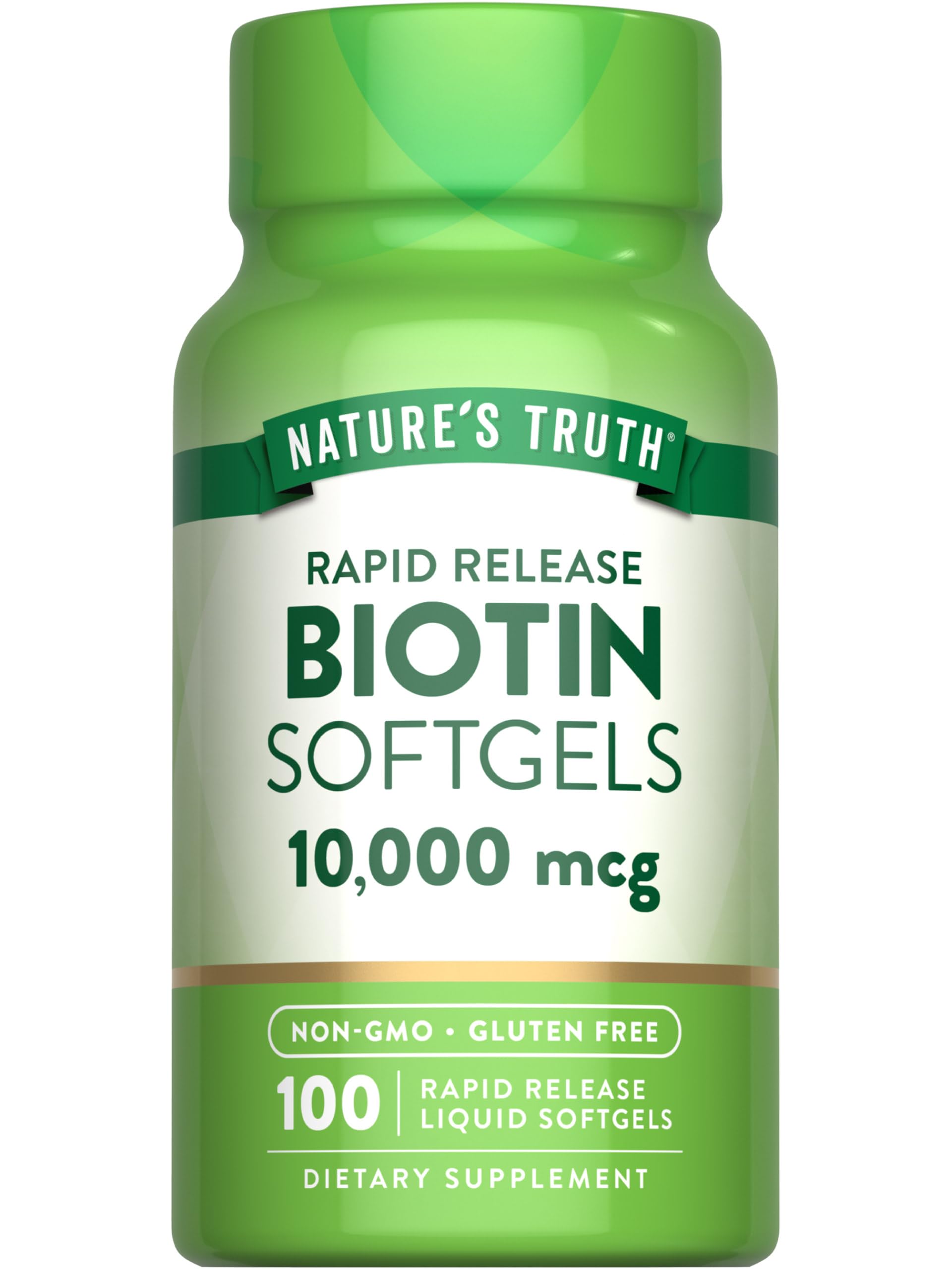 Front view of Nature's Truth Biotin 10,000 mcg Rapid Release Softgels bottle