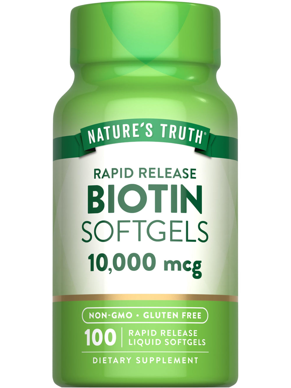 Front view of Nature's Truth Biotin 10,000 mcg Rapid Release Softgels bottle