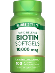 Front view of Nature's Truth Biotin 10,000 mcg Rapid Release Softgels bottle