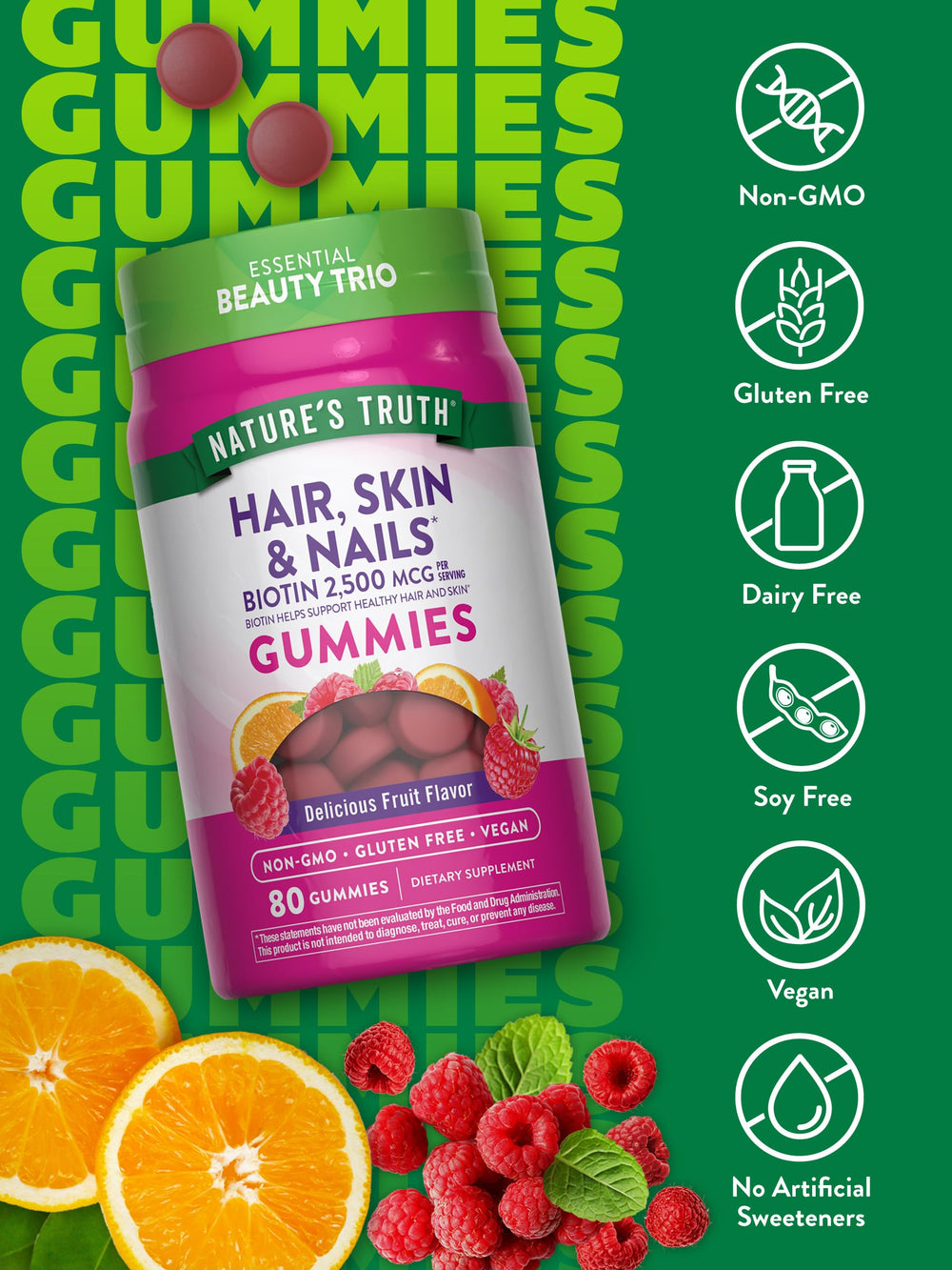 Close-up of Biotin 2500mcg information on Nature's Truth gummies