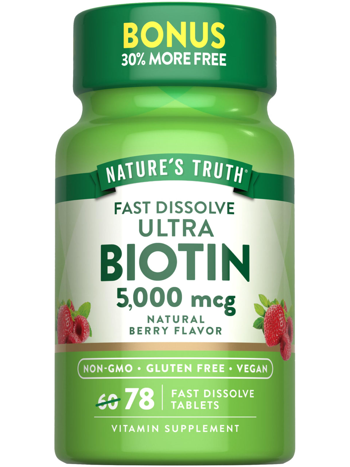 Nature's Truth Biotin 5000 mcg bottle front view with natural berry flavor