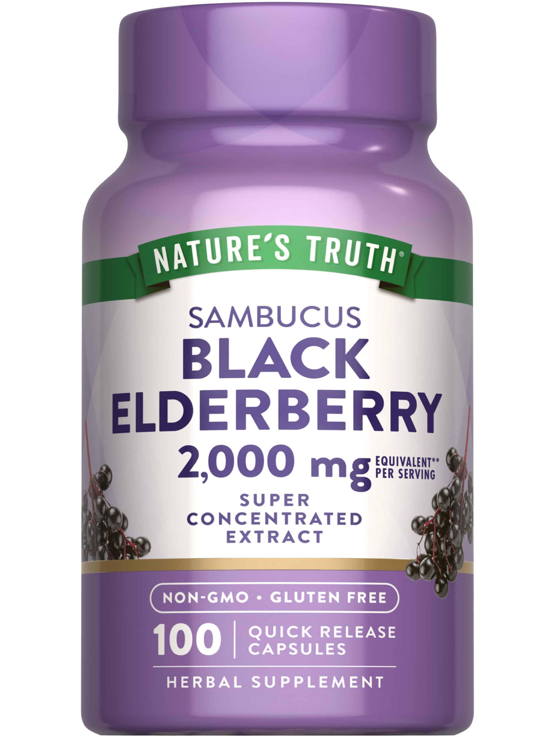 Front view of Nature's Truth Black Elderberry Capsules bottle, 100 count.