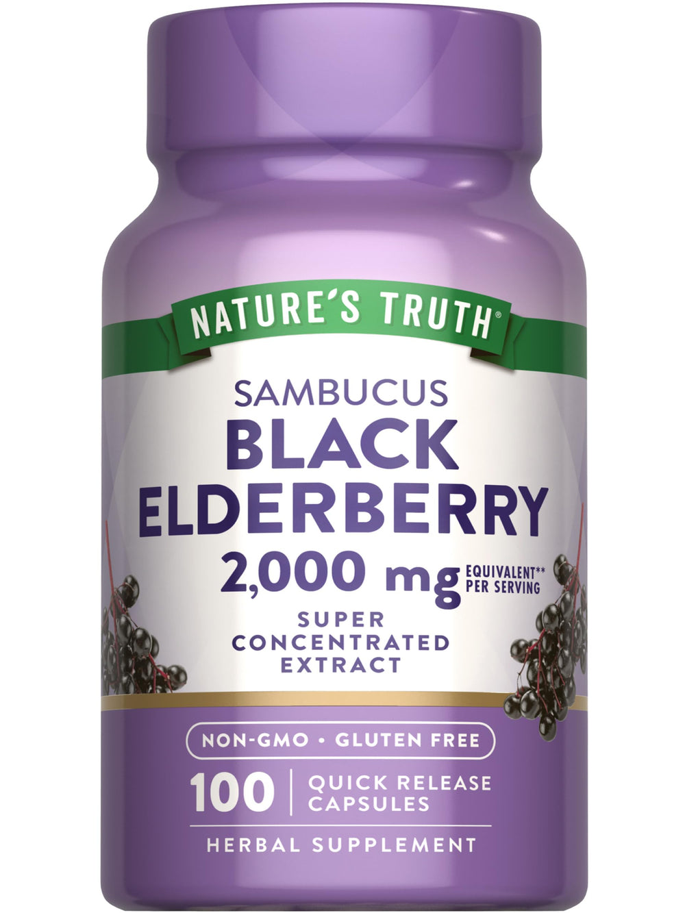 Front view of Nature's Truth Black Elderberry Capsules bottle, 100 count.