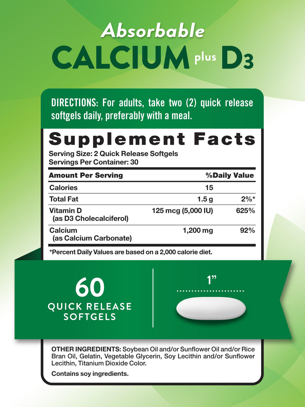 Close-up of two softgels showing calcium and vitamin D3