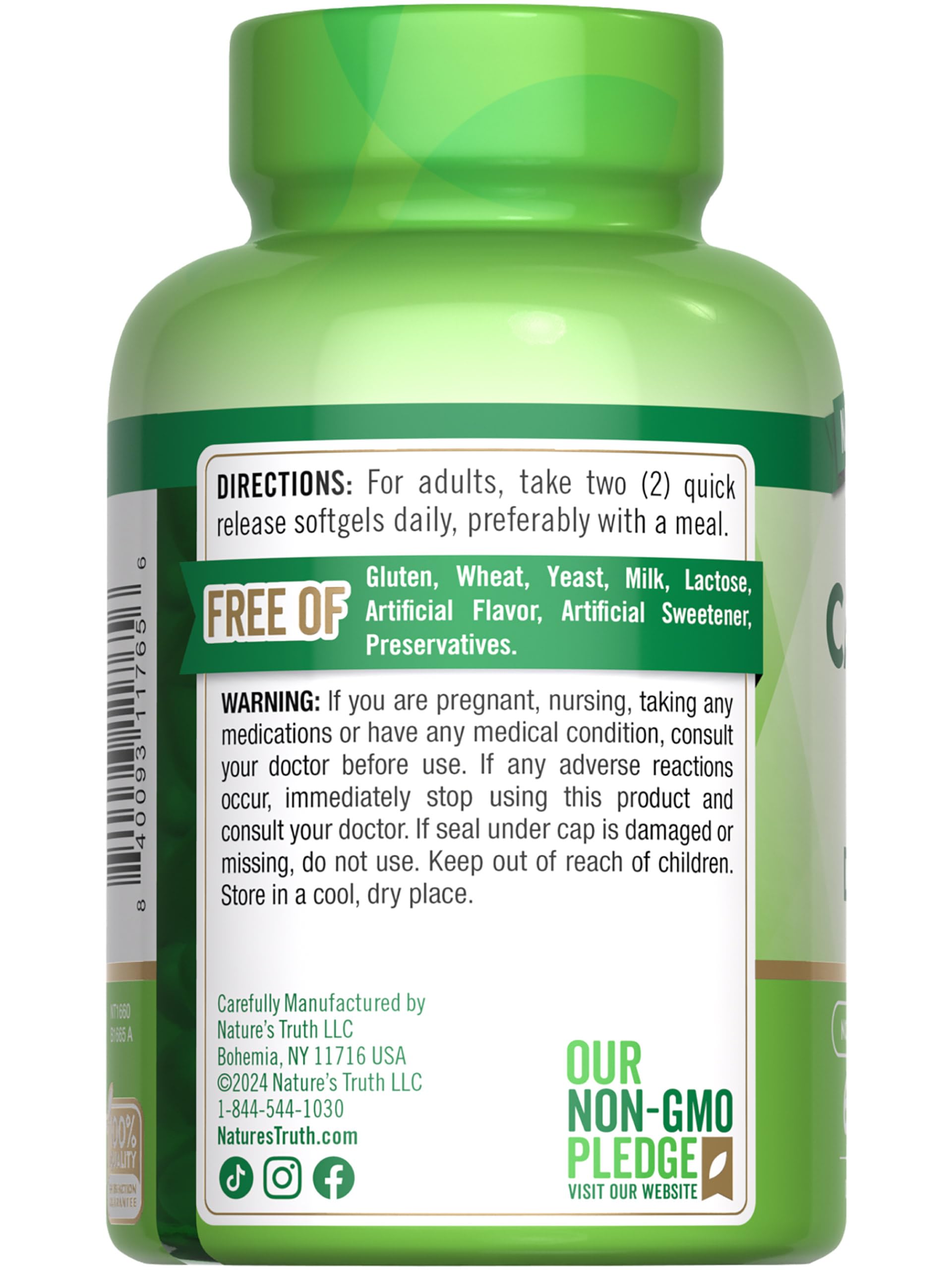 Non-GMO and gluten-free calcium supplement claims on packaging