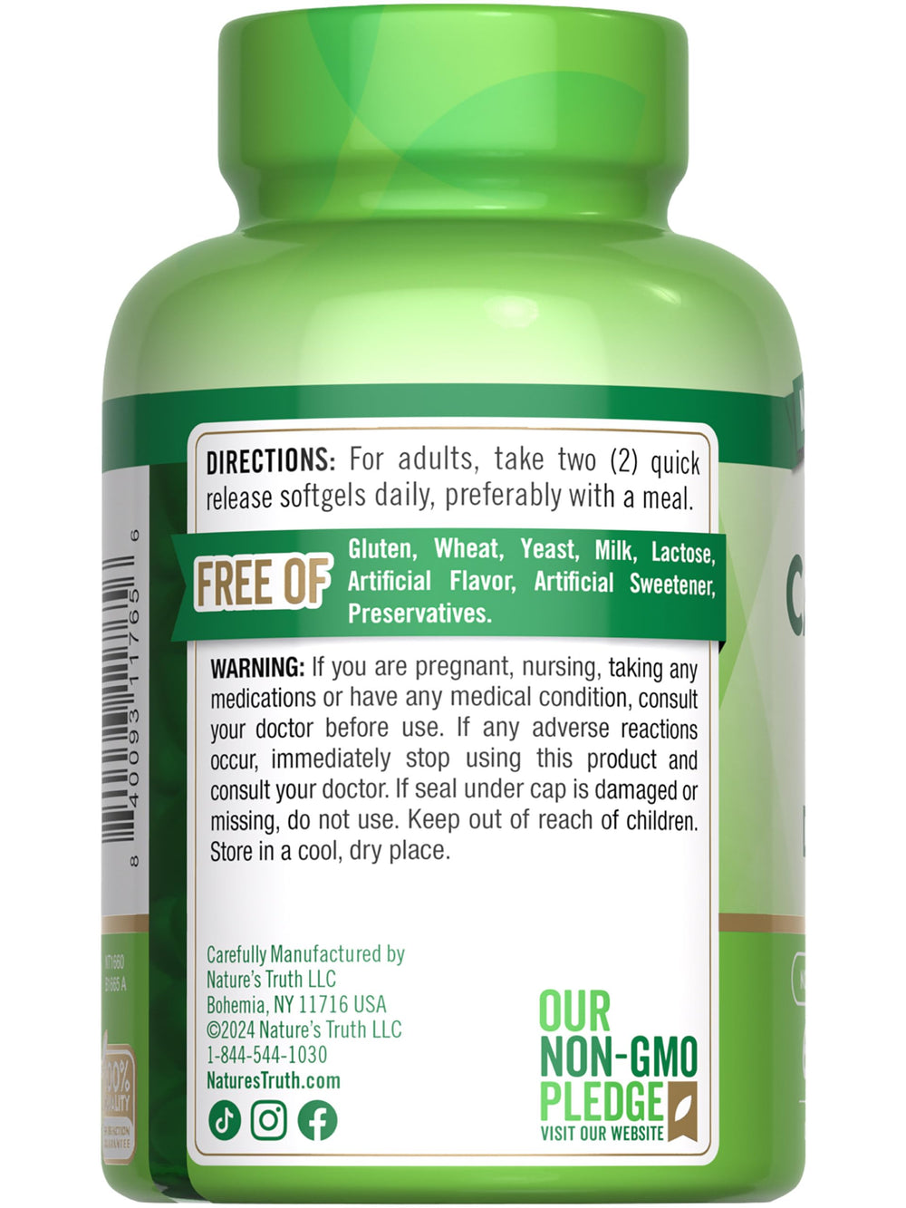 Non-GMO and gluten-free calcium supplement claims on packaging