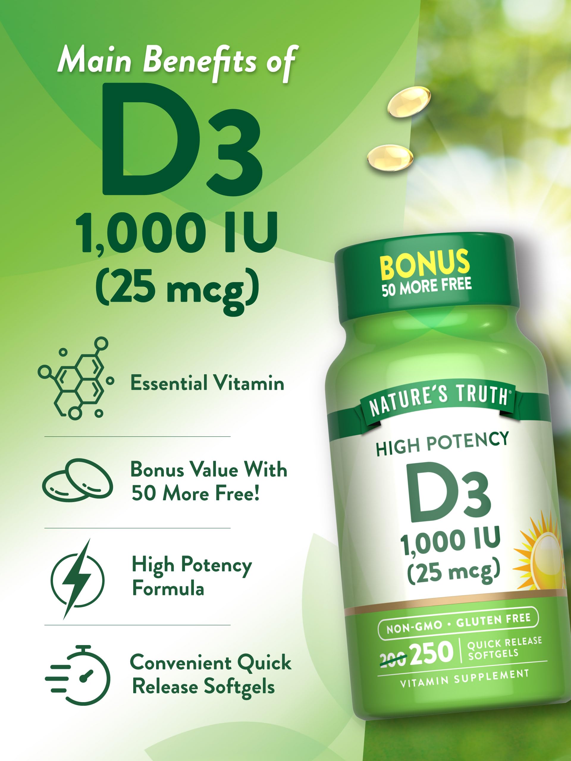 Close-up of daily use Nature's Truth D3 1000 IU softgels