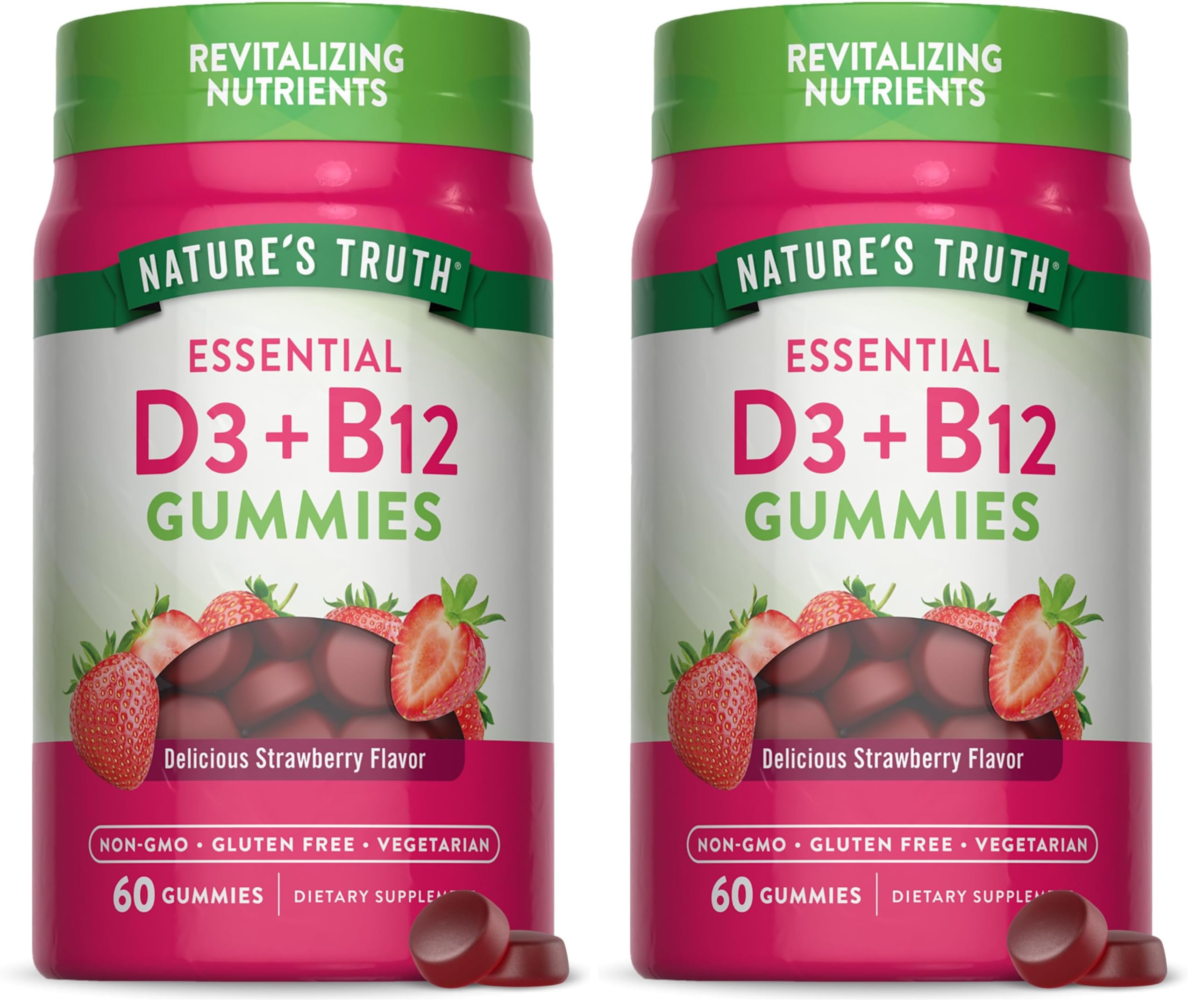 Bottle of Nature's Truth Vitamin D3 and B12 Gummies for adults in strawberry flavor