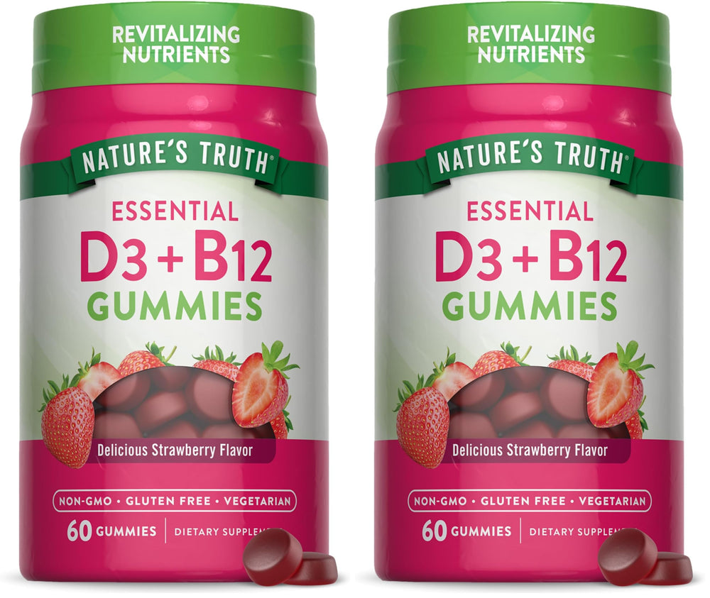 Bottle of Nature's Truth Vitamin D3 and B12 Gummies for adults in strawberry flavor