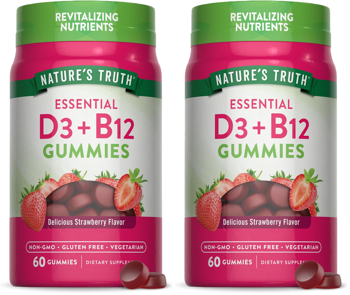 Bottle of Nature's Truth Vitamin D3 and B12 Gummies for adults in strawberry flavor