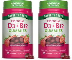 Bottle of Nature's Truth Vitamin D3 and B12 Gummies for adults in strawberry flavor