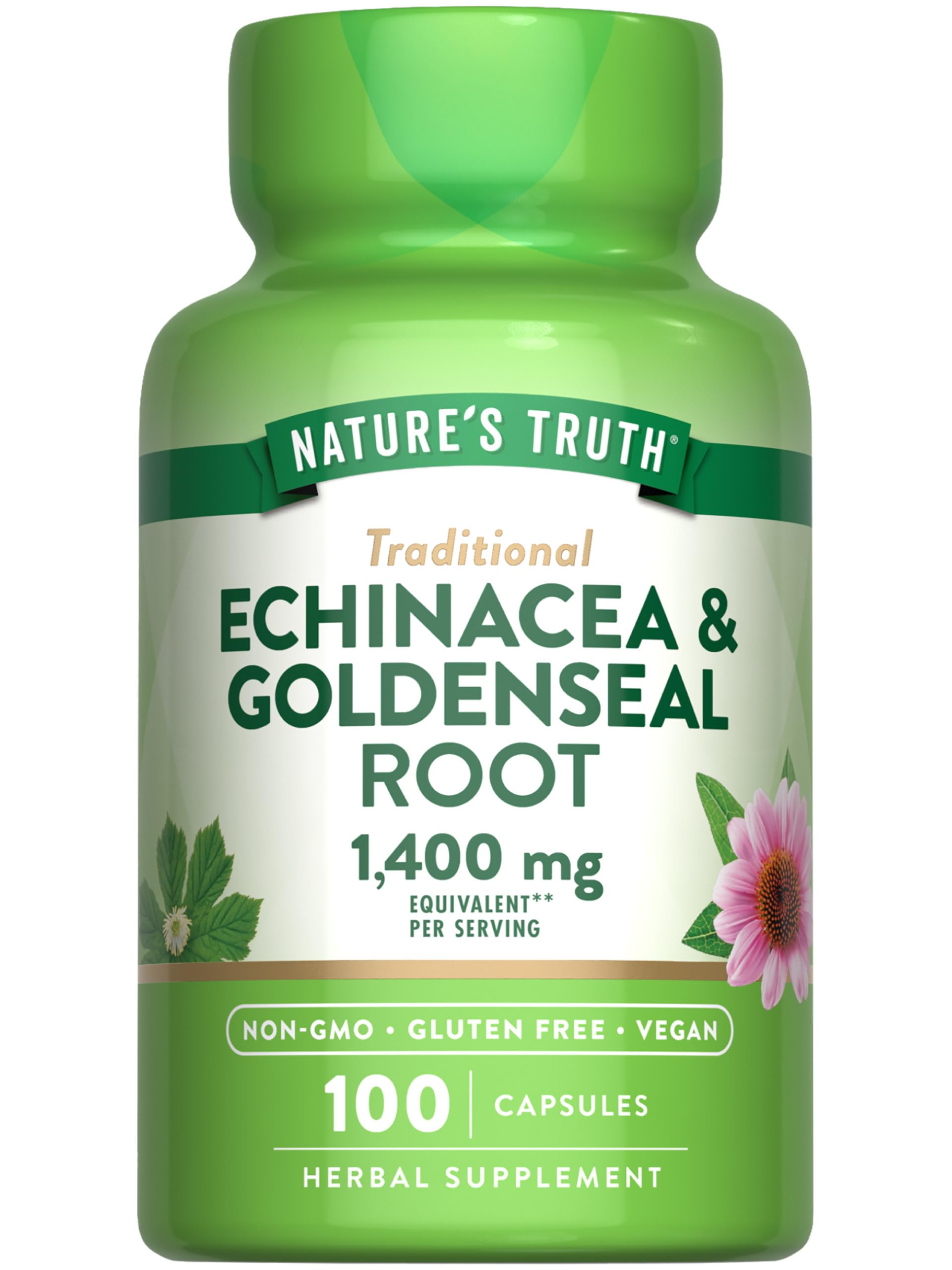 Bottle of Nature's Truth Echinacea Goldenseal Capsules - 1400mg, 100 count