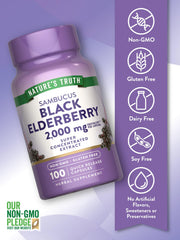 Concentrated Sambucus elderberry extract illustration on packaging.