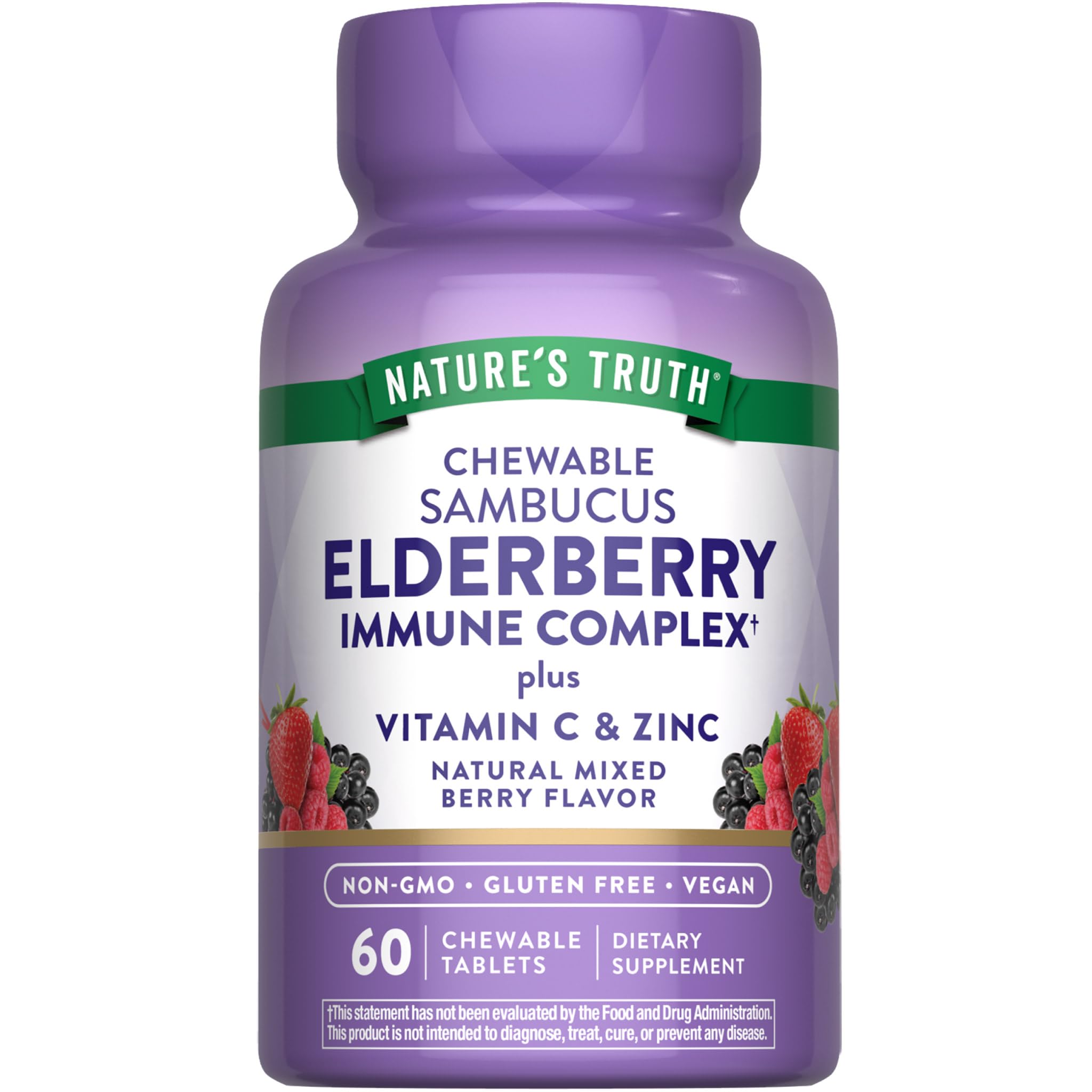 Bottle of Nature's Truth Elderberry Immune Complex 60 chewable tablets with mixed berry flavor