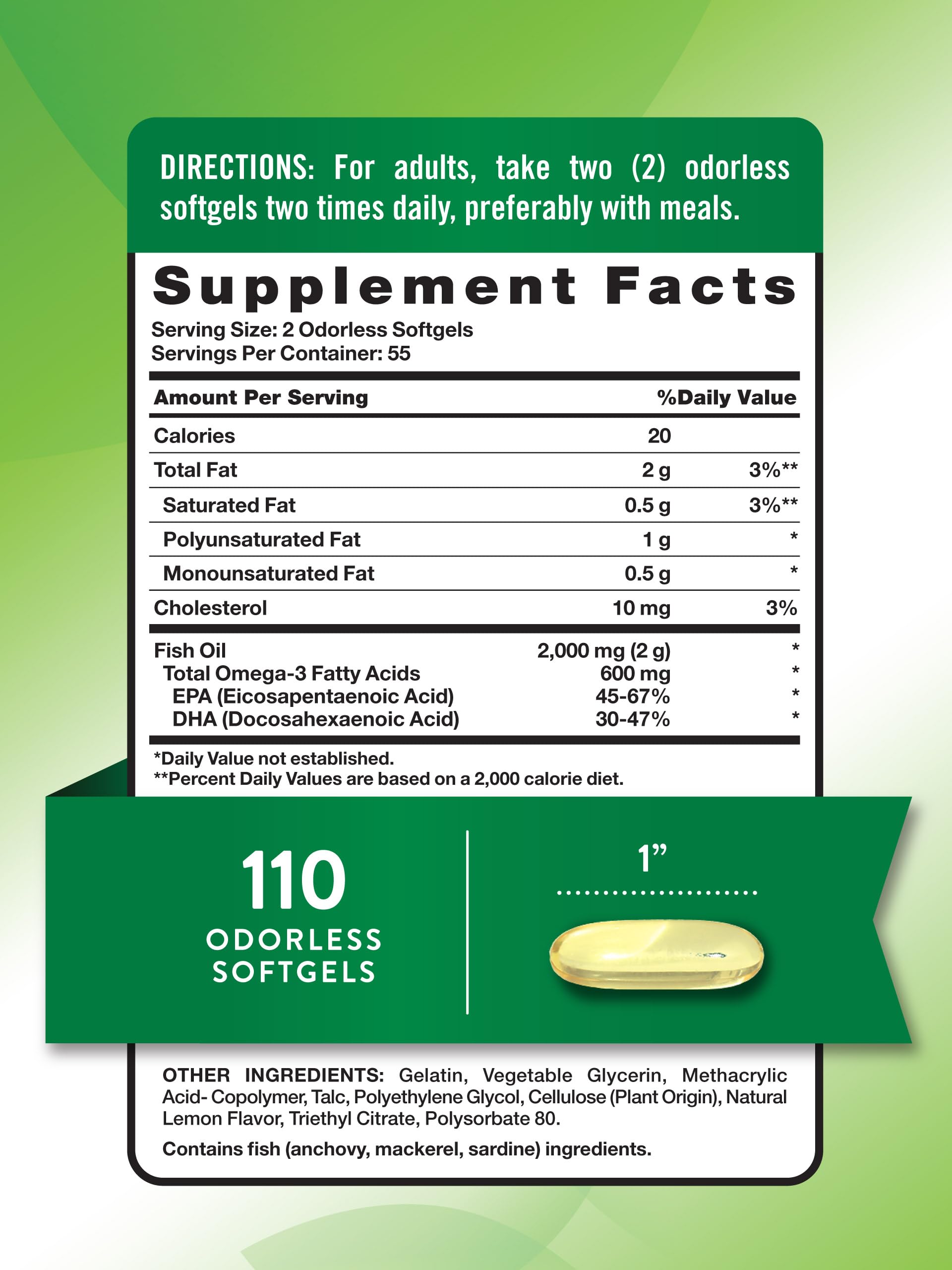 Label showing 600mg Omega-3 (EPA & DHA) per serving