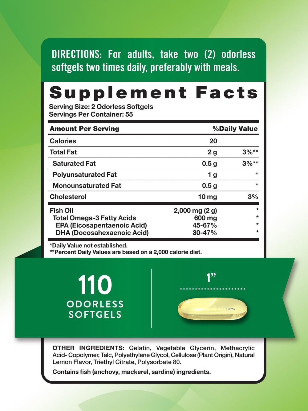 Label showing 600mg Omega-3 (EPA & DHA) per serving