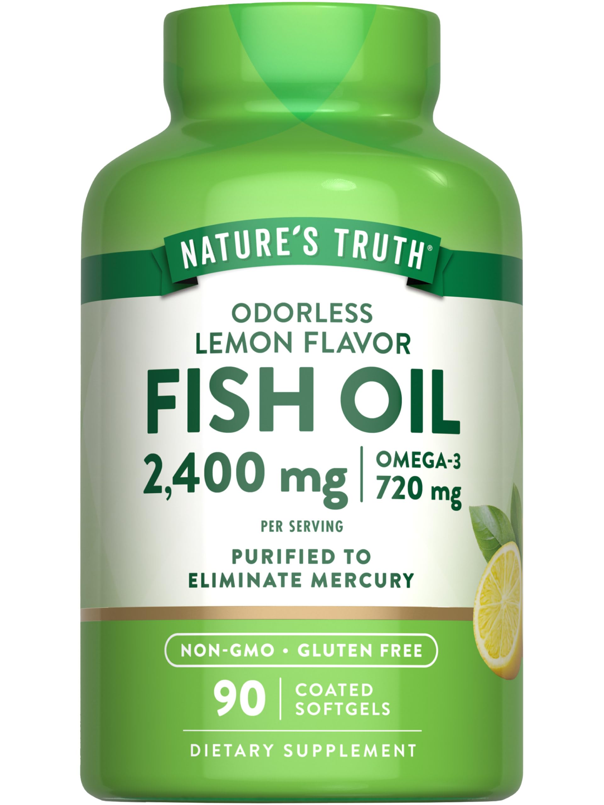 Bottle of Nature's Truth Fish Oil Omega-3 2400mg with lemon flavor