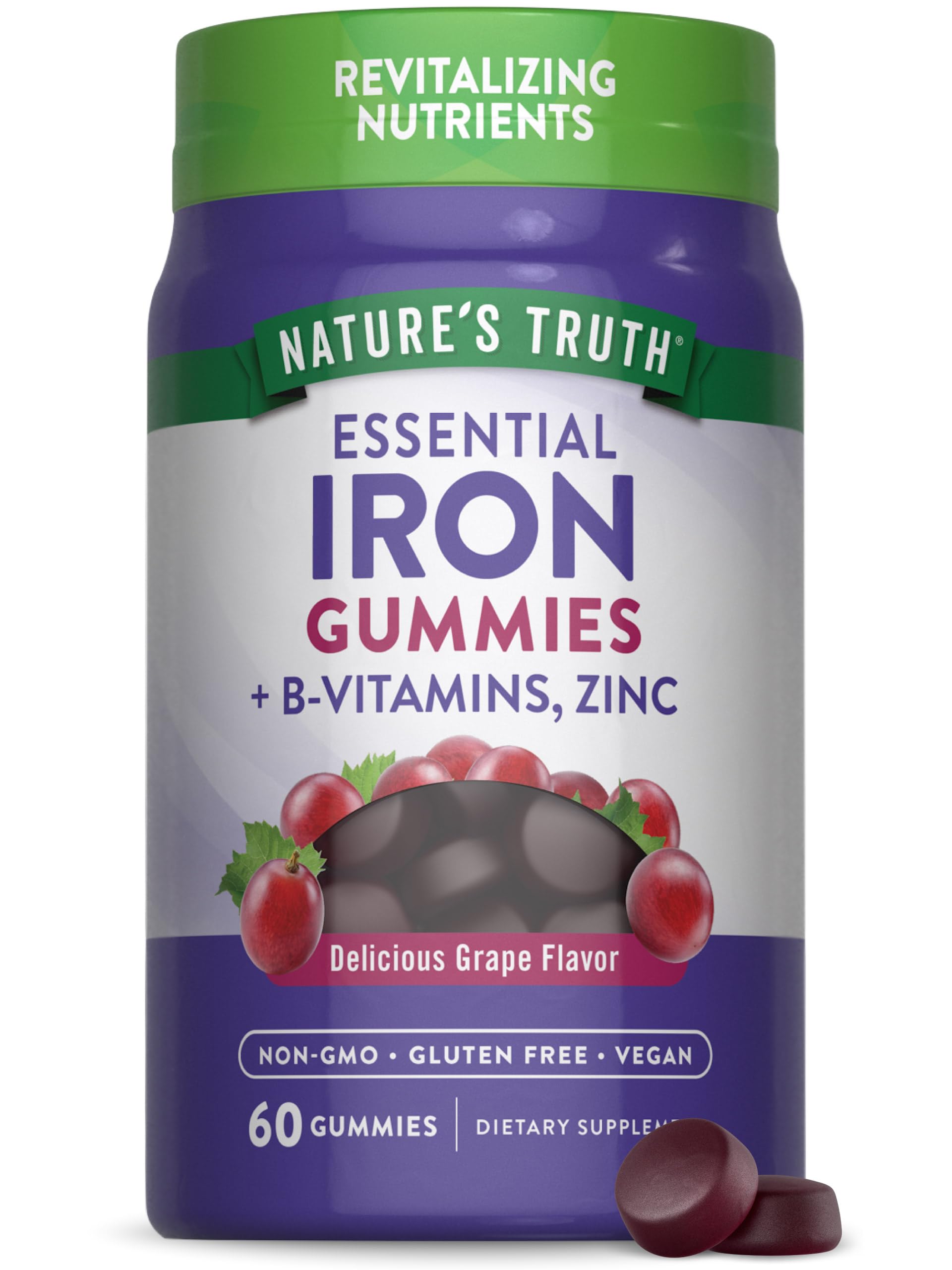 Nature's Truth Iron Gummies bottle with grape flavor for vegan iron intake