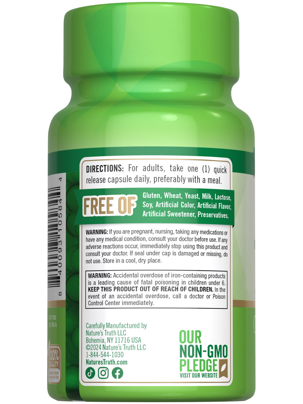 Back-of-bottle nutrition and details for Nature's Truth Iron Supplement