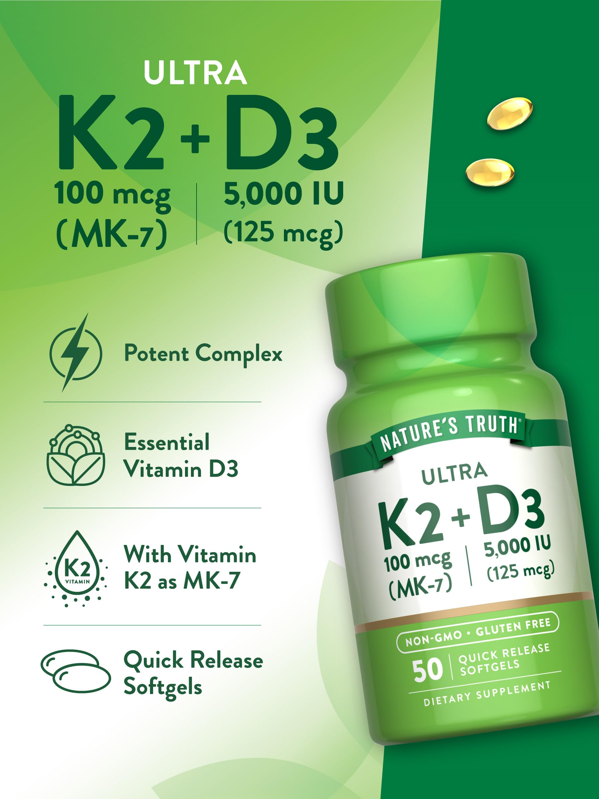 Nutrition facts panel for Nature's Truth K2 MK7 Complex