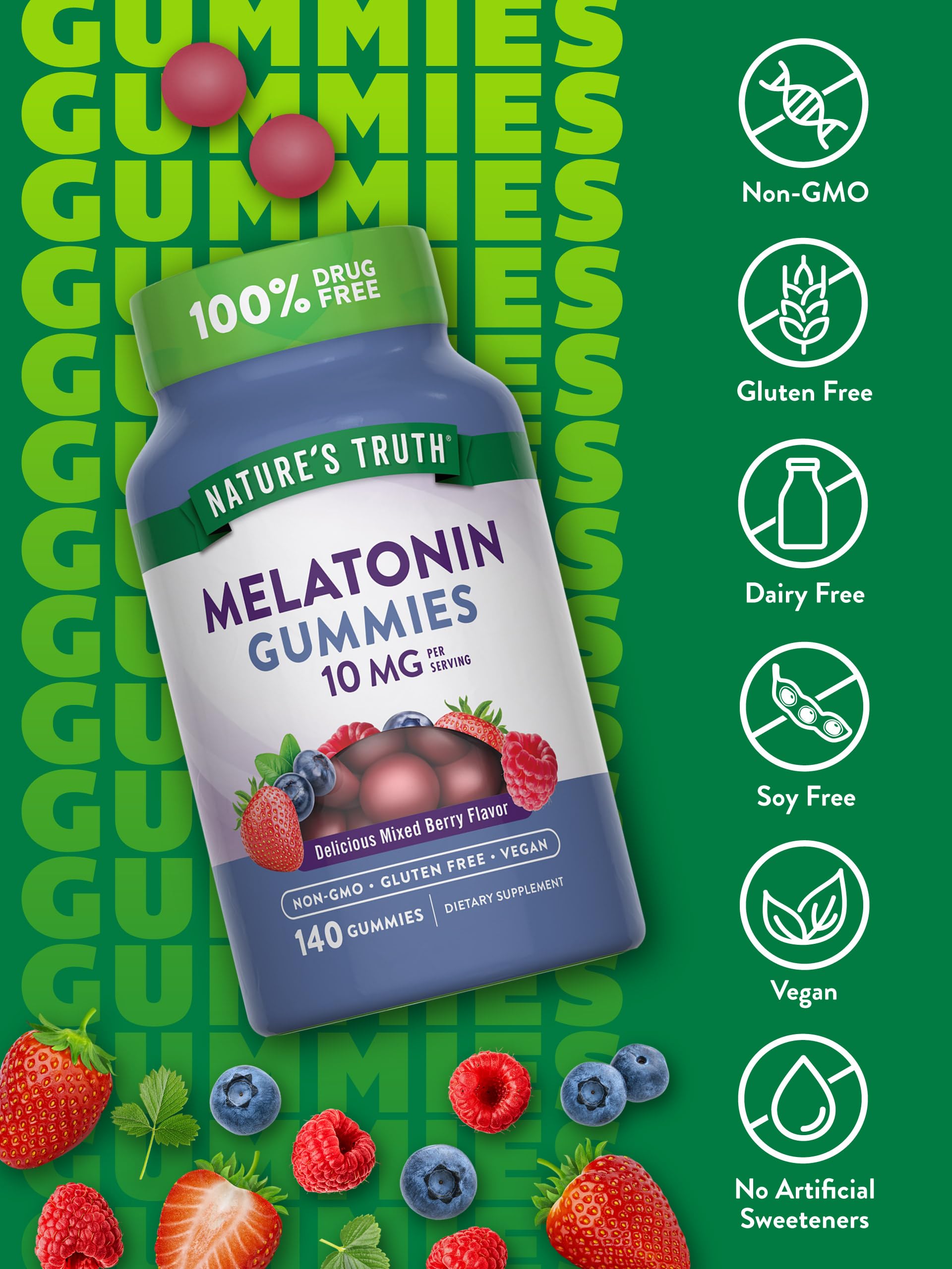 Melatonin 10 mg per serving information for Nature's Truth Gummies