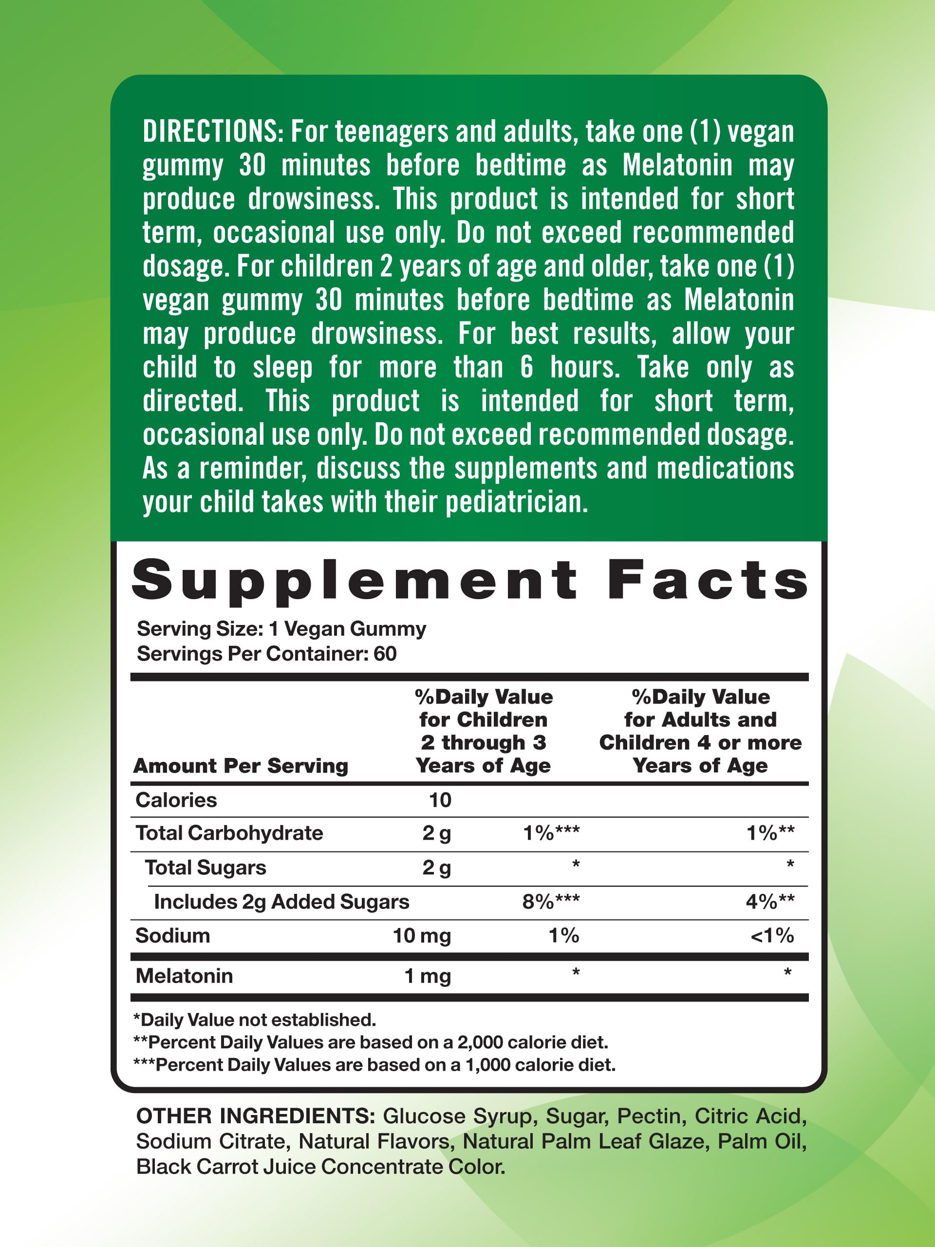 Back view of Nature's Truth Melatonin Gummies bottle showing 60-count two-pack details.