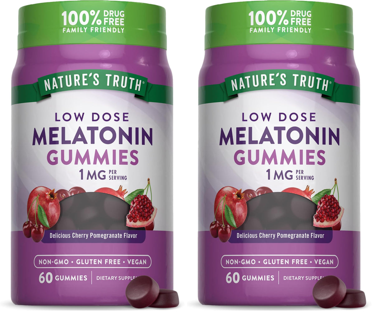 Front view of Nature's Truth Melatonin Gummies bottle, 1 mg per serving, cherry pomegranate flavor.