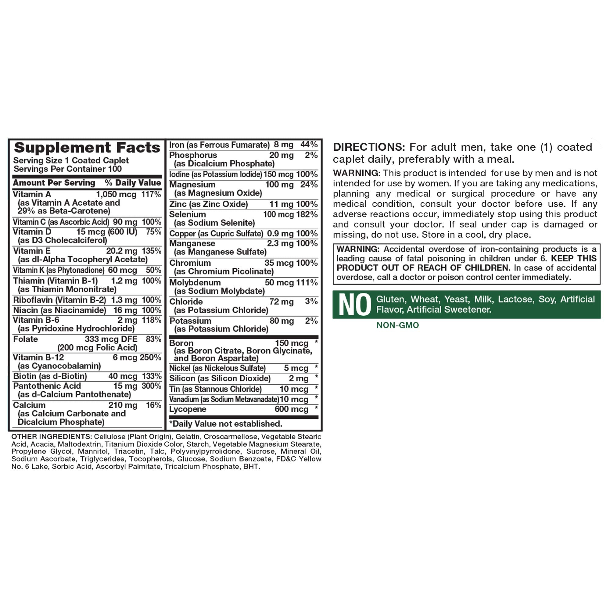 Natures Truth Multivitamin for Men ingredients and non-GMO label