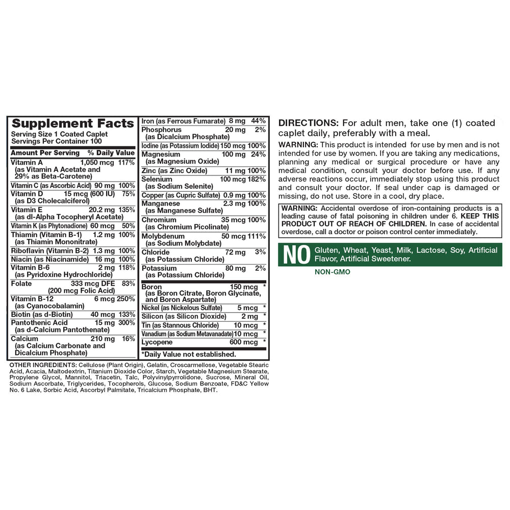 Natures Truth Multivitamin for Men ingredients and non-GMO label