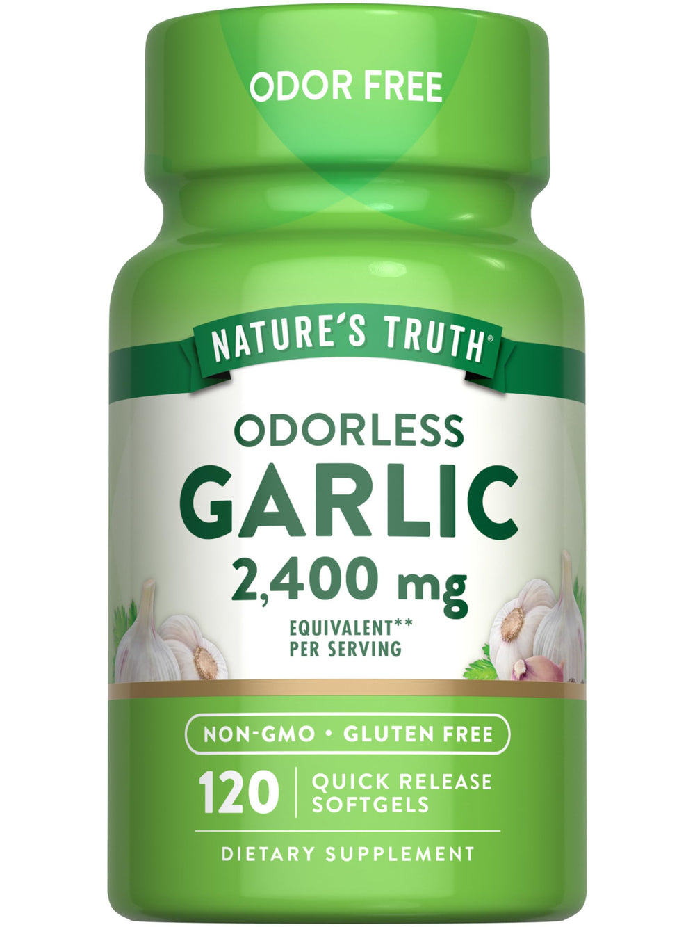 Bottle of Nature's Truth Odorless Garlic 2400 mg 120 softgels