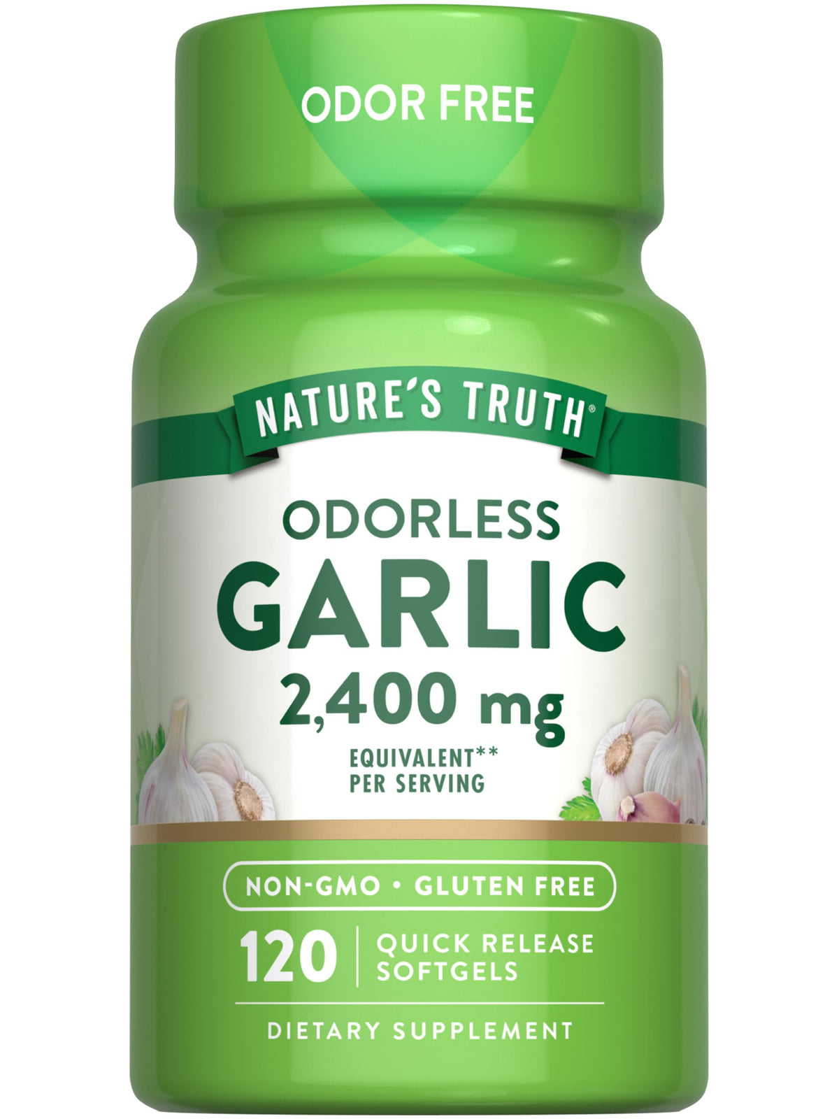 Bottle of Nature's Truth Odorless Garlic 2400 mg 120 softgels
