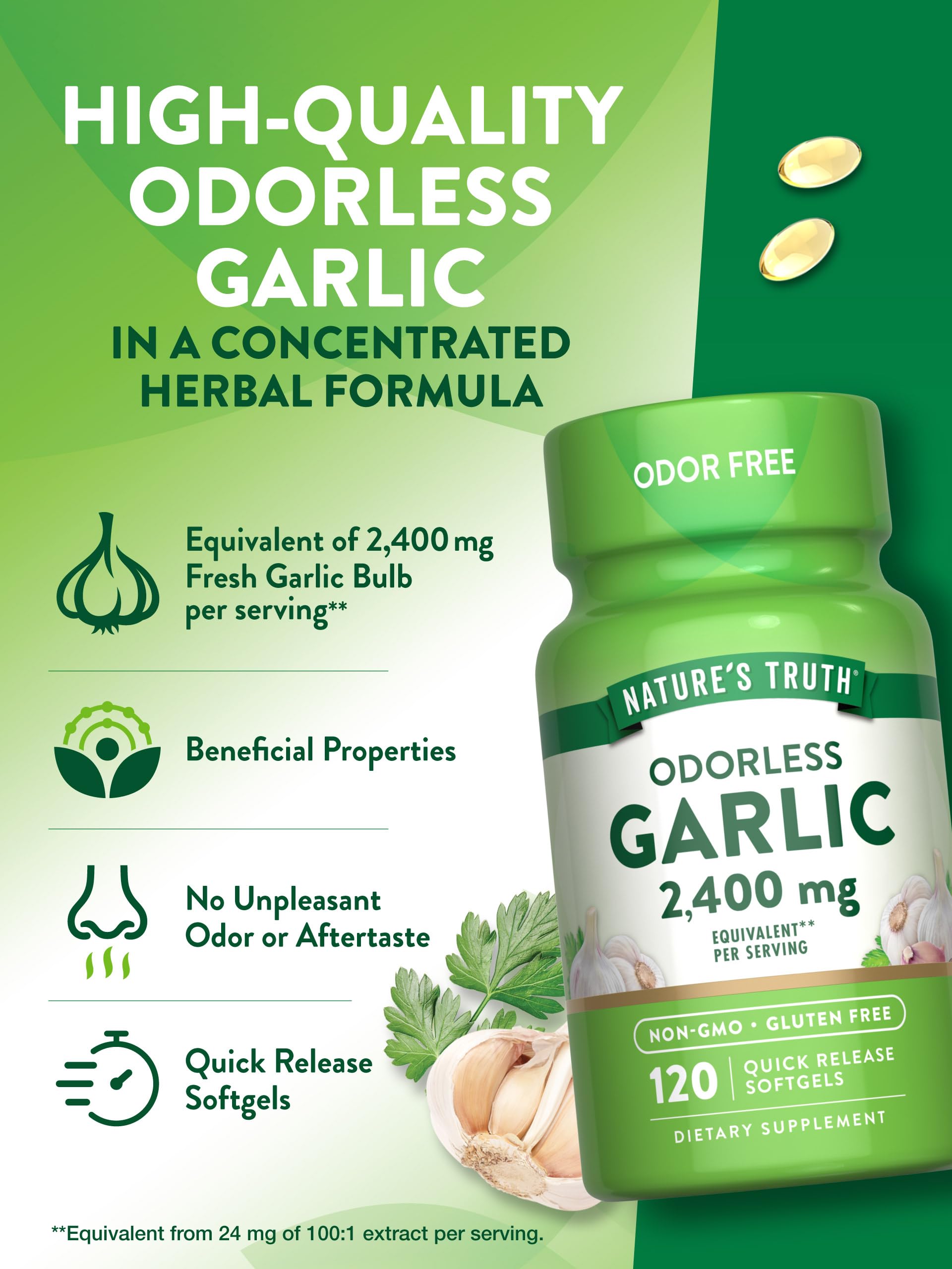 Non-GMO and gluten-free garlic supplement packaging