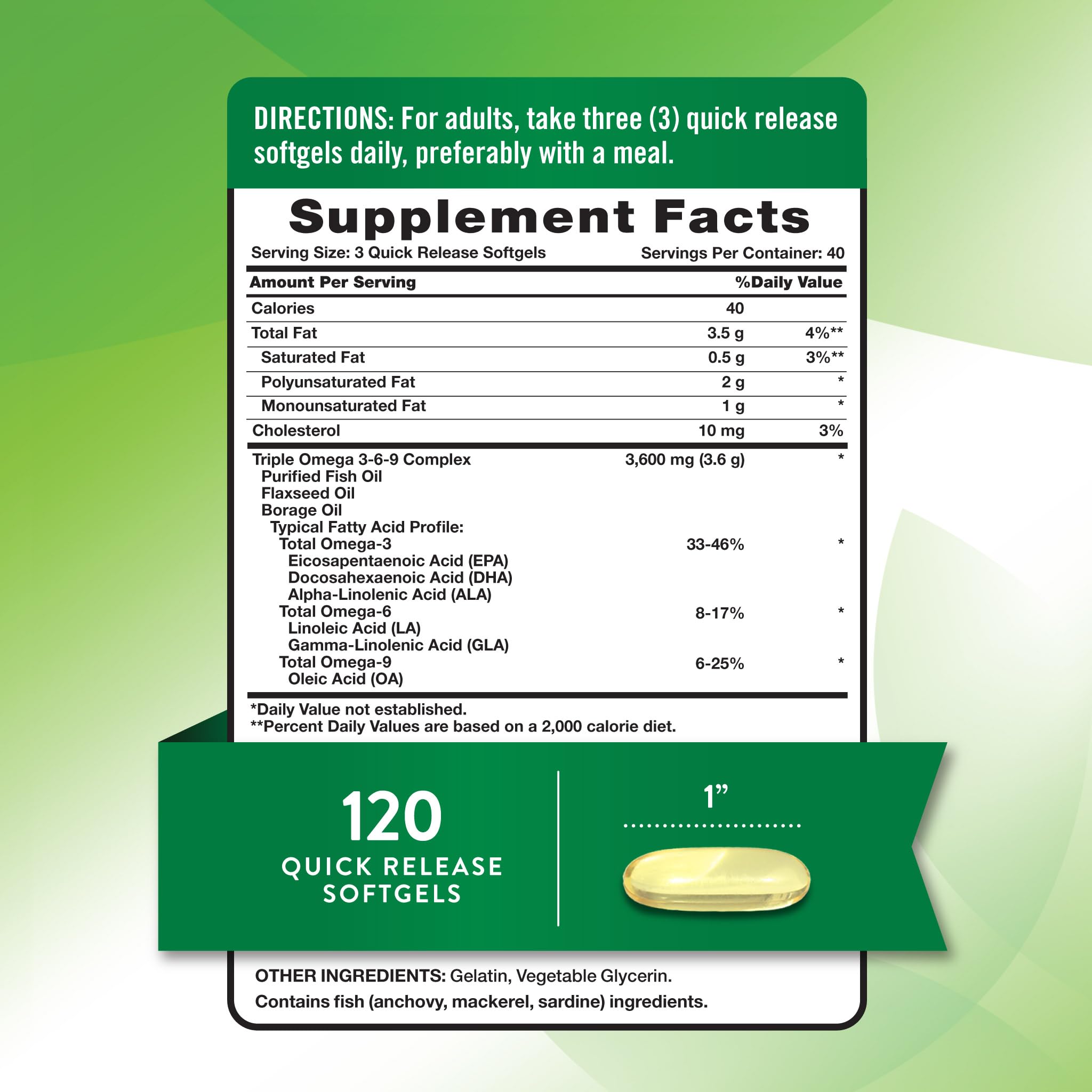Triple Omega 3-6-9 3600 mg per serving label