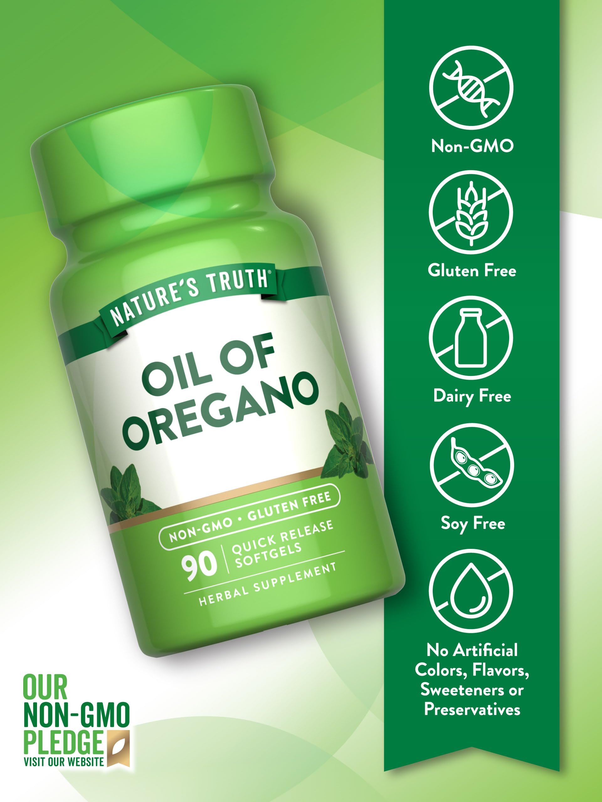 Back view of Nature's Truth oregano oil softgels bottle with nutritional facts