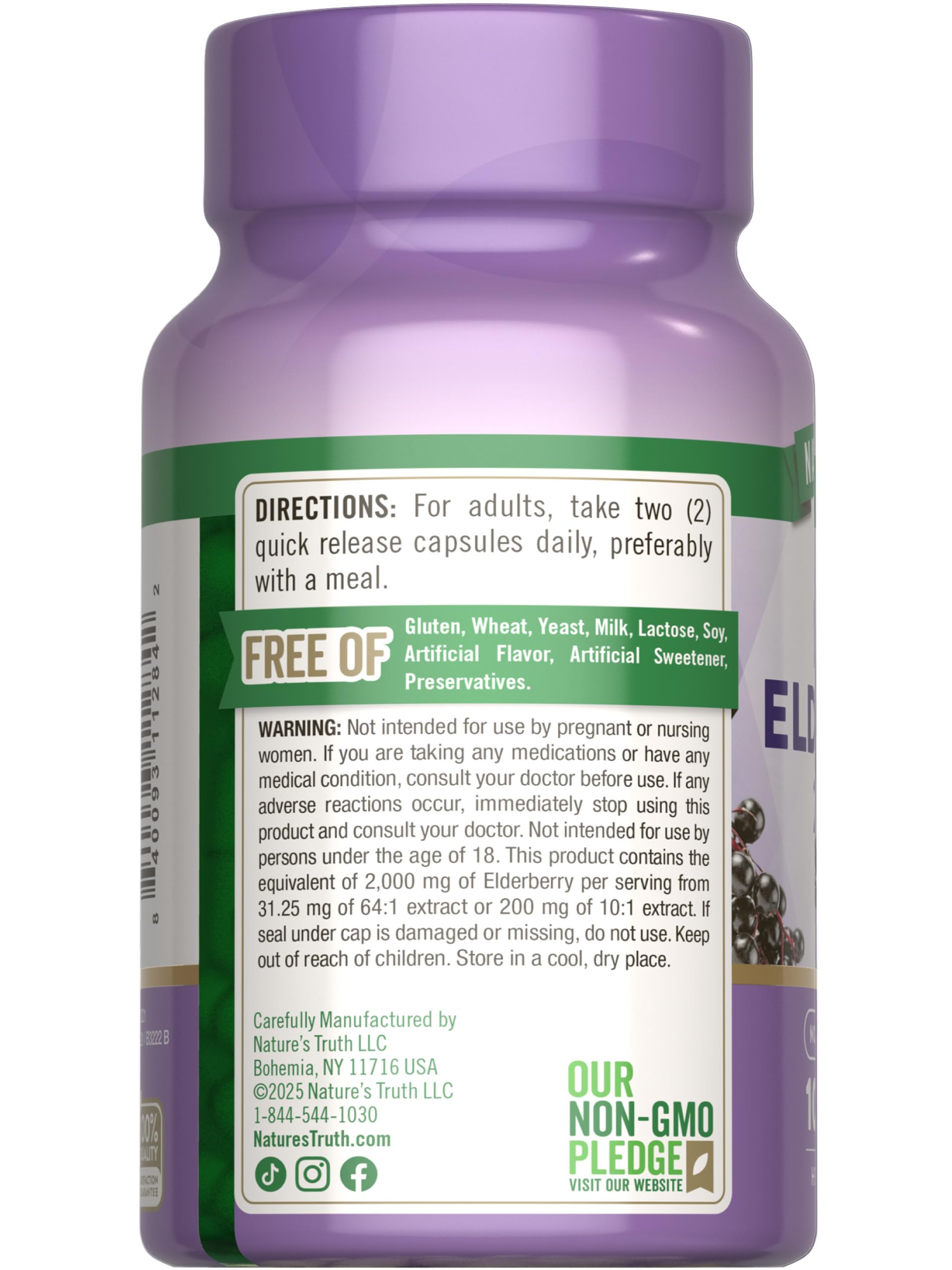 Side view of Nature's Truth elderberry capsules packaging.