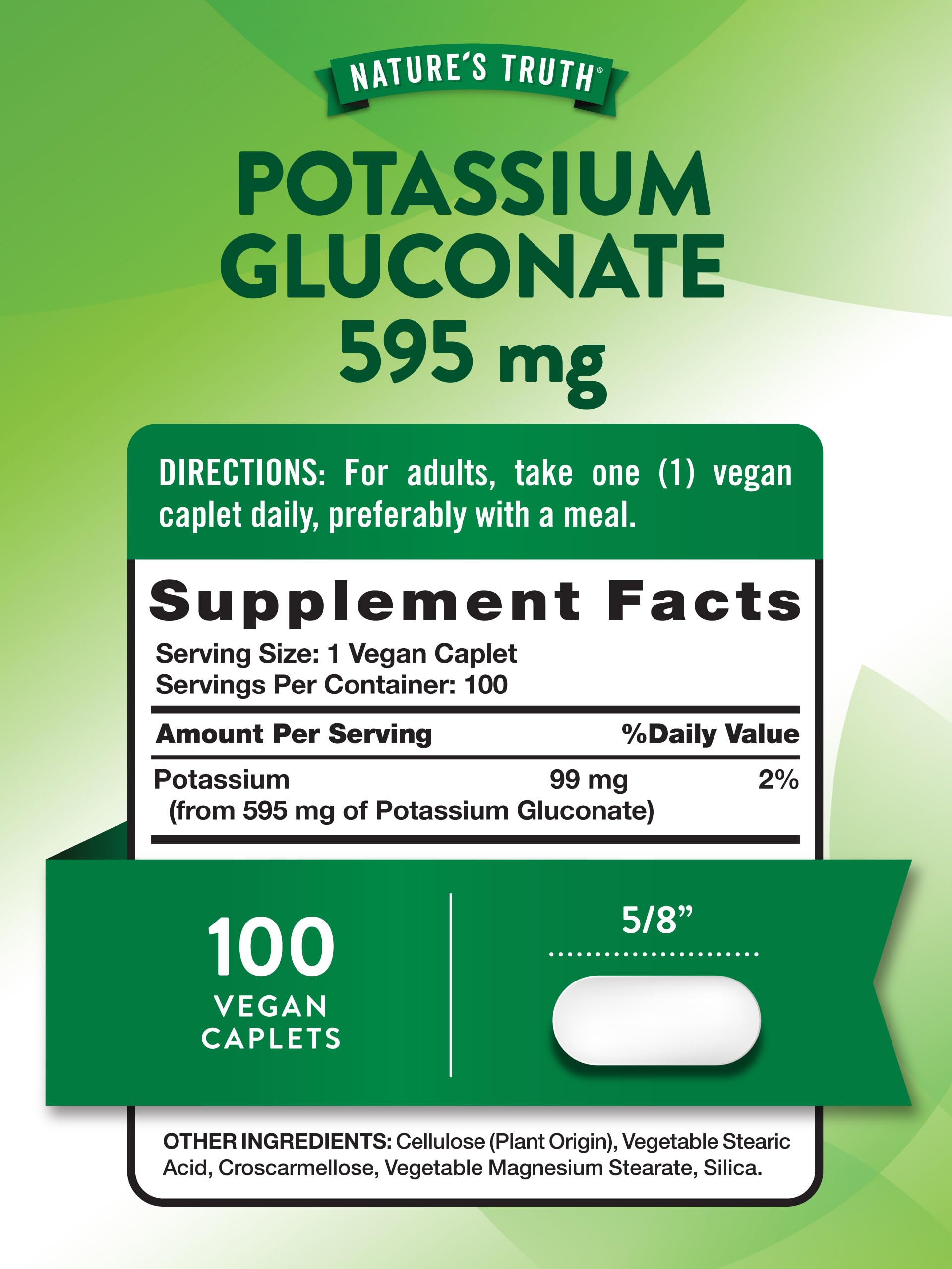 Close-up of the potassium gluconate 595mg ingredient panel