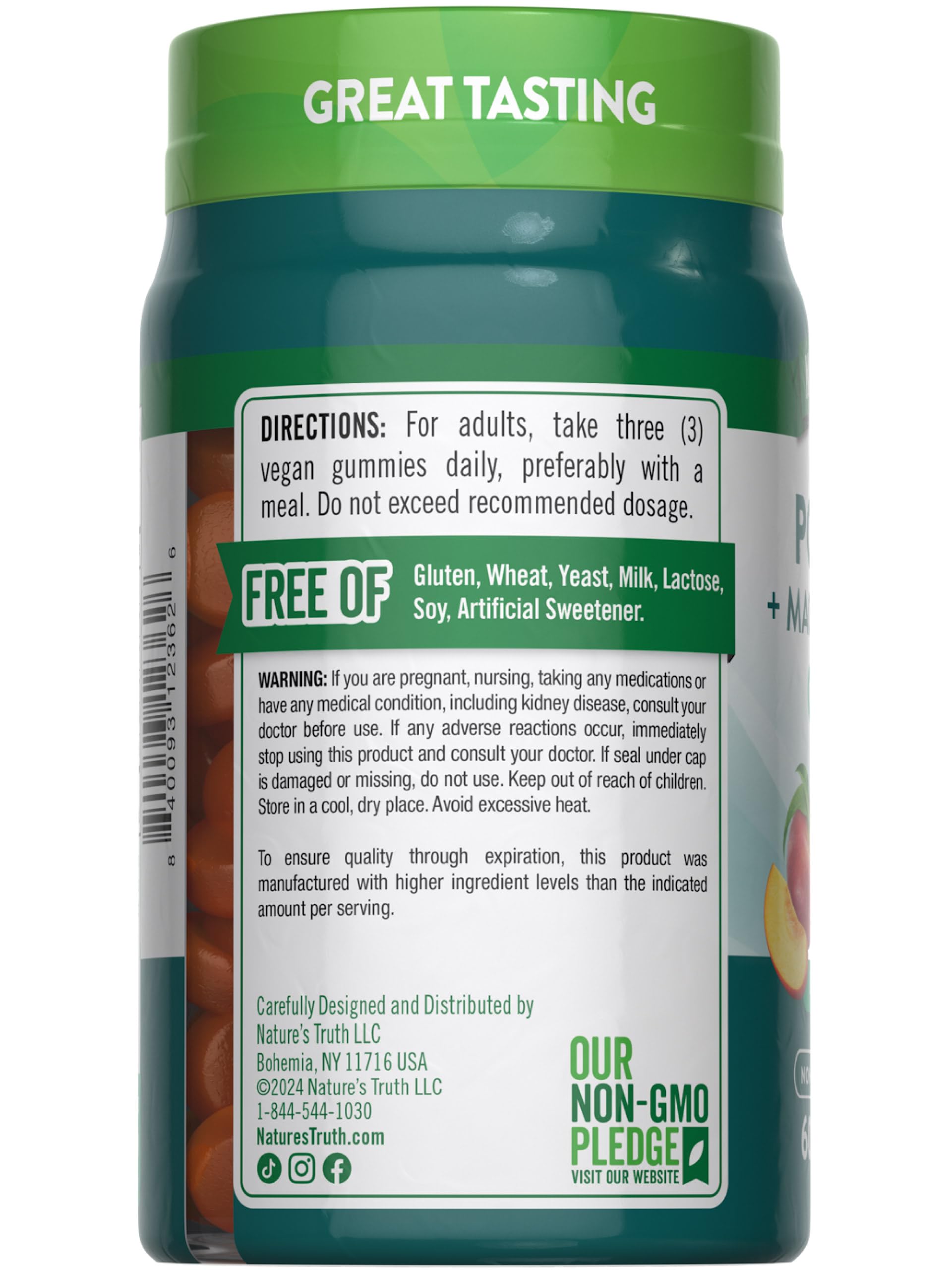 Product label with vegan, gluten-free, and non-GMO icons