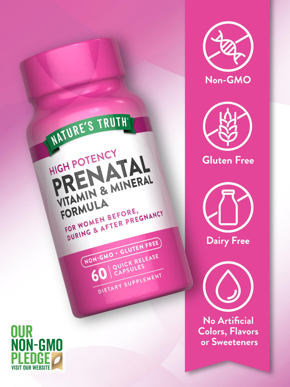 Gluten-free and non-GMO label on prenatal vitamins