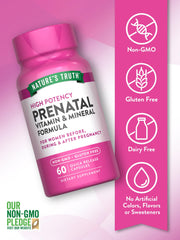 Gluten-free and non-GMO label on prenatal vitamins
