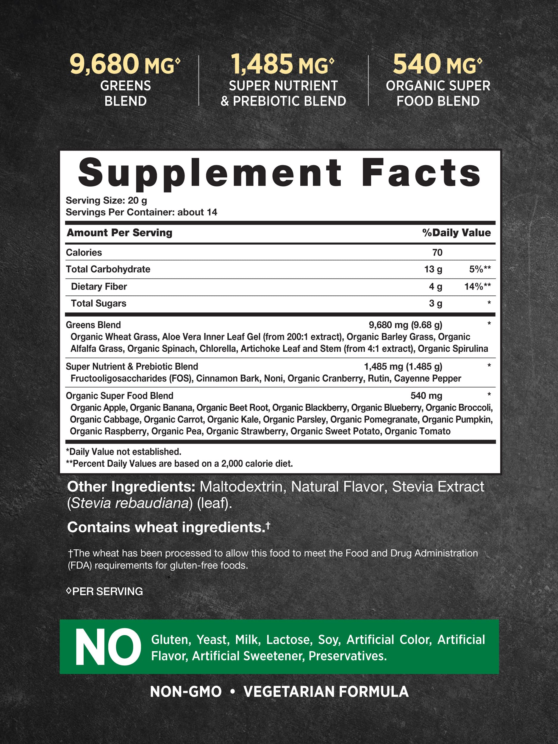 Close-up of ingredients list showing 20+ super foods