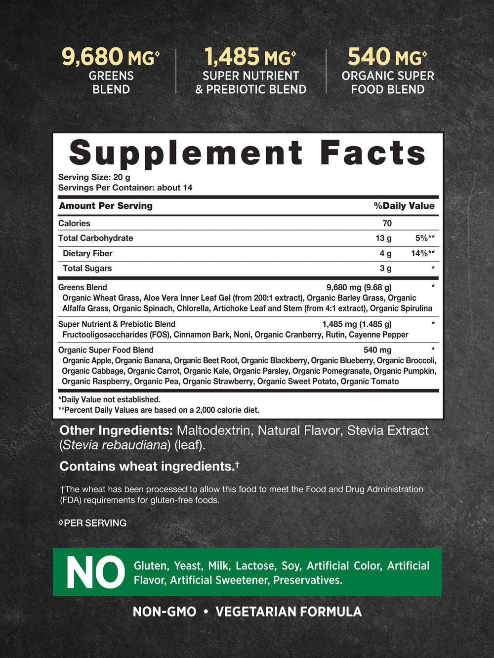 Close-up of ingredients list showing 20+ super foods