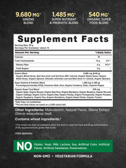 Close-up of ingredients list showing 20+ super foods