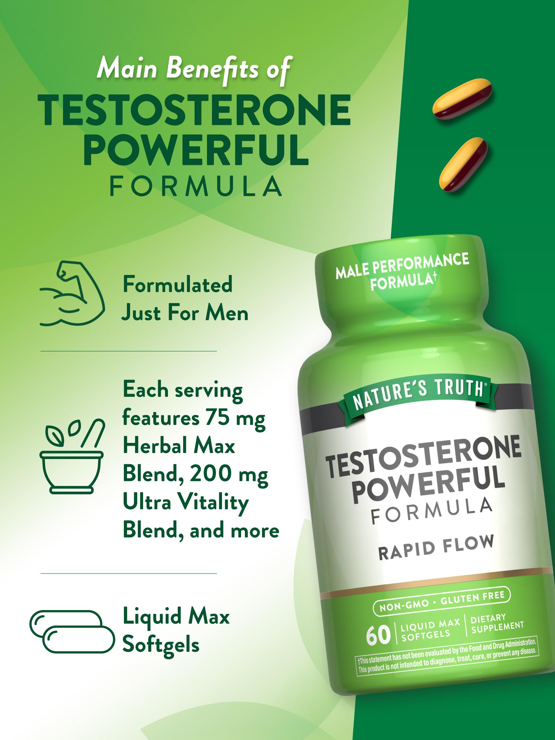 Nature's Truth testosterone bottle dispense highlights easy daily dosing