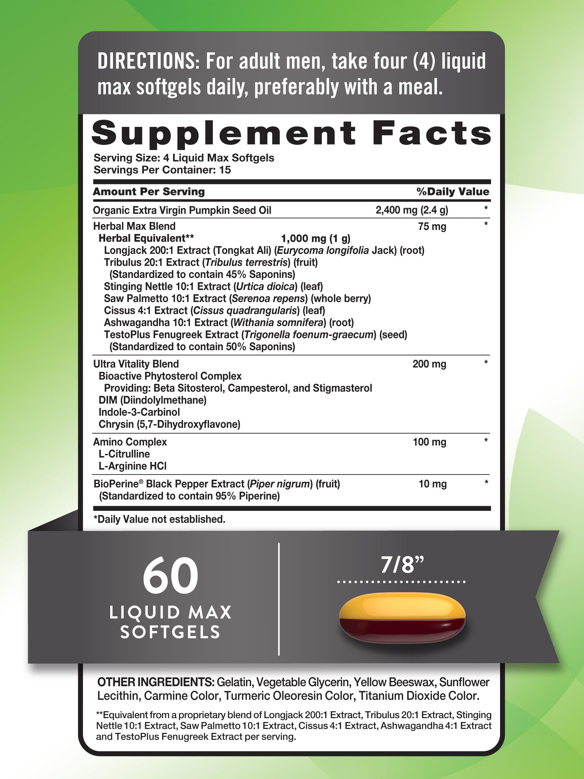 Nature's Truth testosterone softgels closeup shows a gluten-free formula for energy