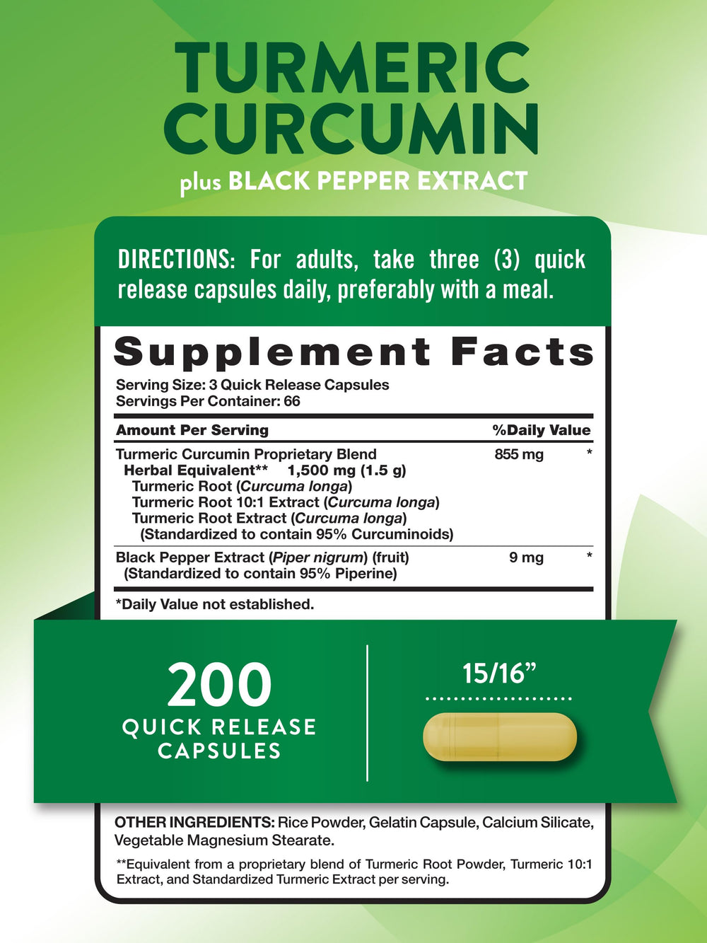 Close-up of turmeric curcumin capsules with black pepper extract