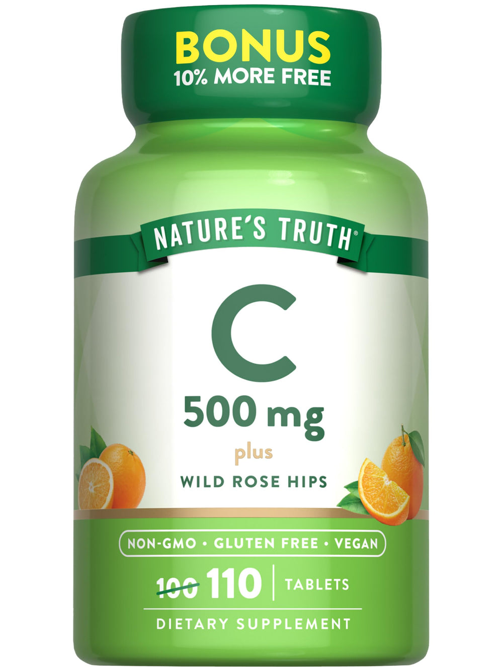 Front view of Nature's Truth Vitamin C with Rose Hips 500 mg bottle (110 tablets)