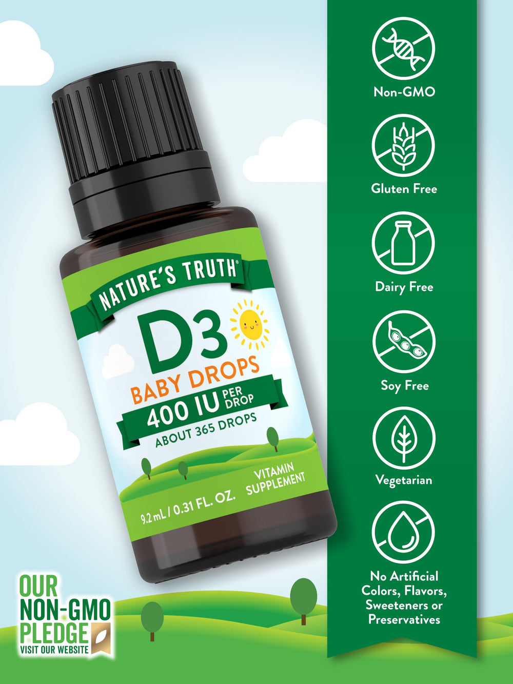 Back label of Nature's Truth Vitamin D Drops detailing ingredients