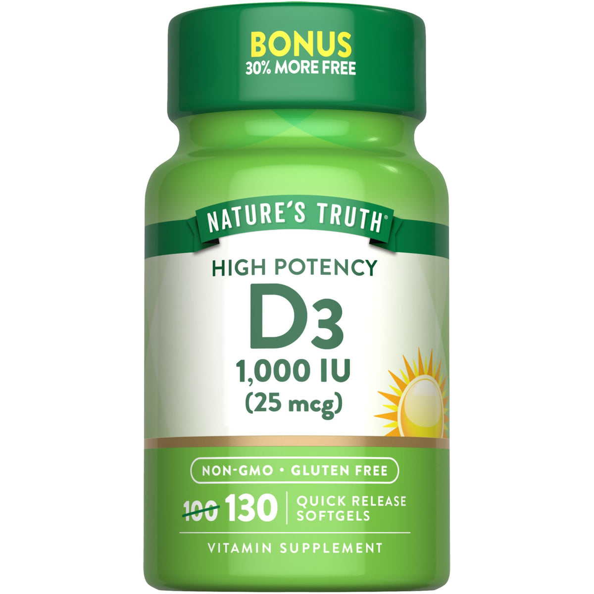 Bottle of Nature's Truth Vitamin D3 1000 IU softgels