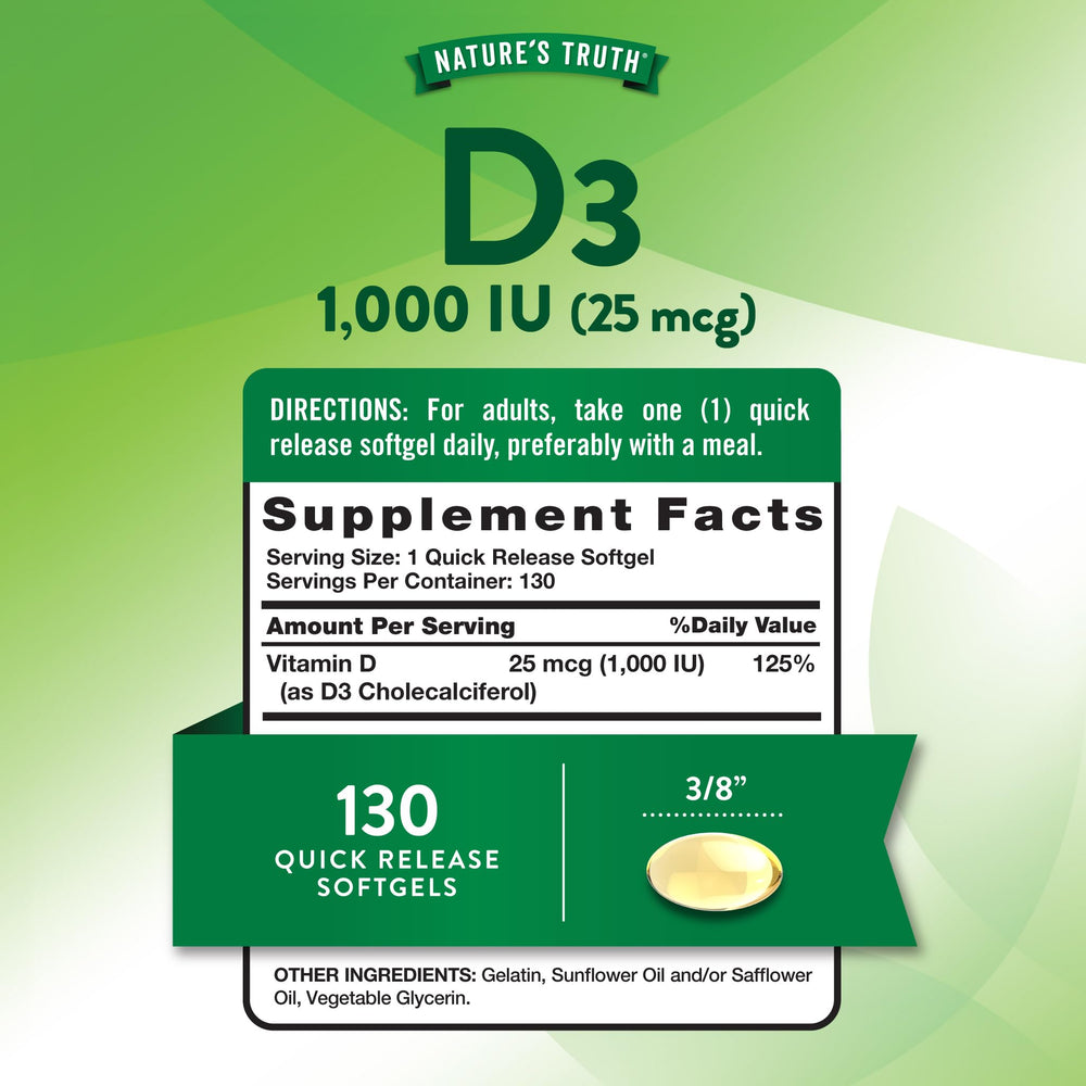 130-count bottle of Nature's Truth Vitamin D3 softgels side view