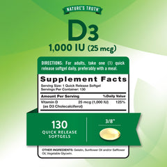 130-count bottle of Nature's Truth Vitamin D3 softgels side view